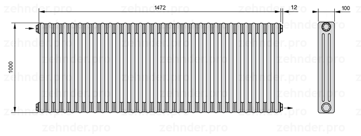 Схема (чертеж) Радиатор Zehnder Charleston 3100/32 №1670 Белый глянцевый RAL 9016
